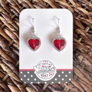 New Handmade Sparkly Red Heart Dangle Earrings (1.5" long x 0.7" wide)